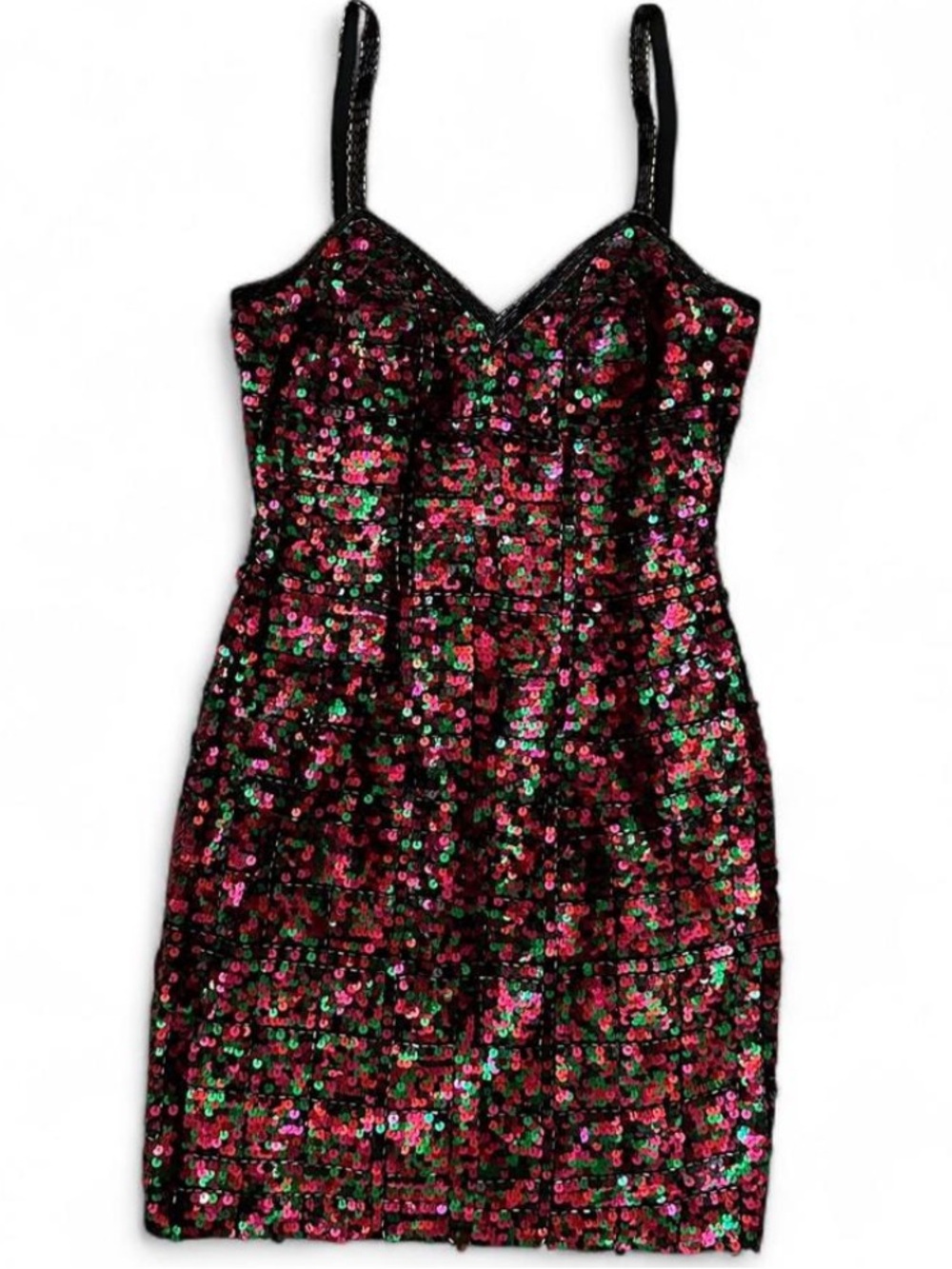 A.J. Bari Vintage Silk Black Sequin Mini Dress with Pink & Green Accents
